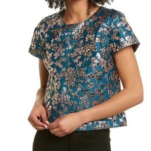 Women’s J. Crew Cherry Blossom Metallic Jacquard Top Short Sleeve Spruce Multi